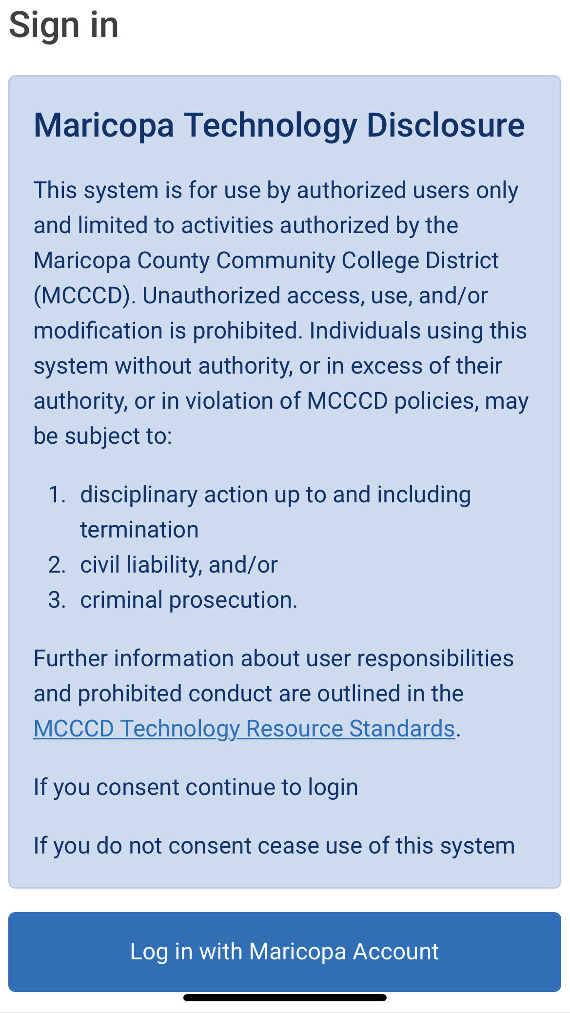 screenshot of mobile Maricopa Technology Disclosure