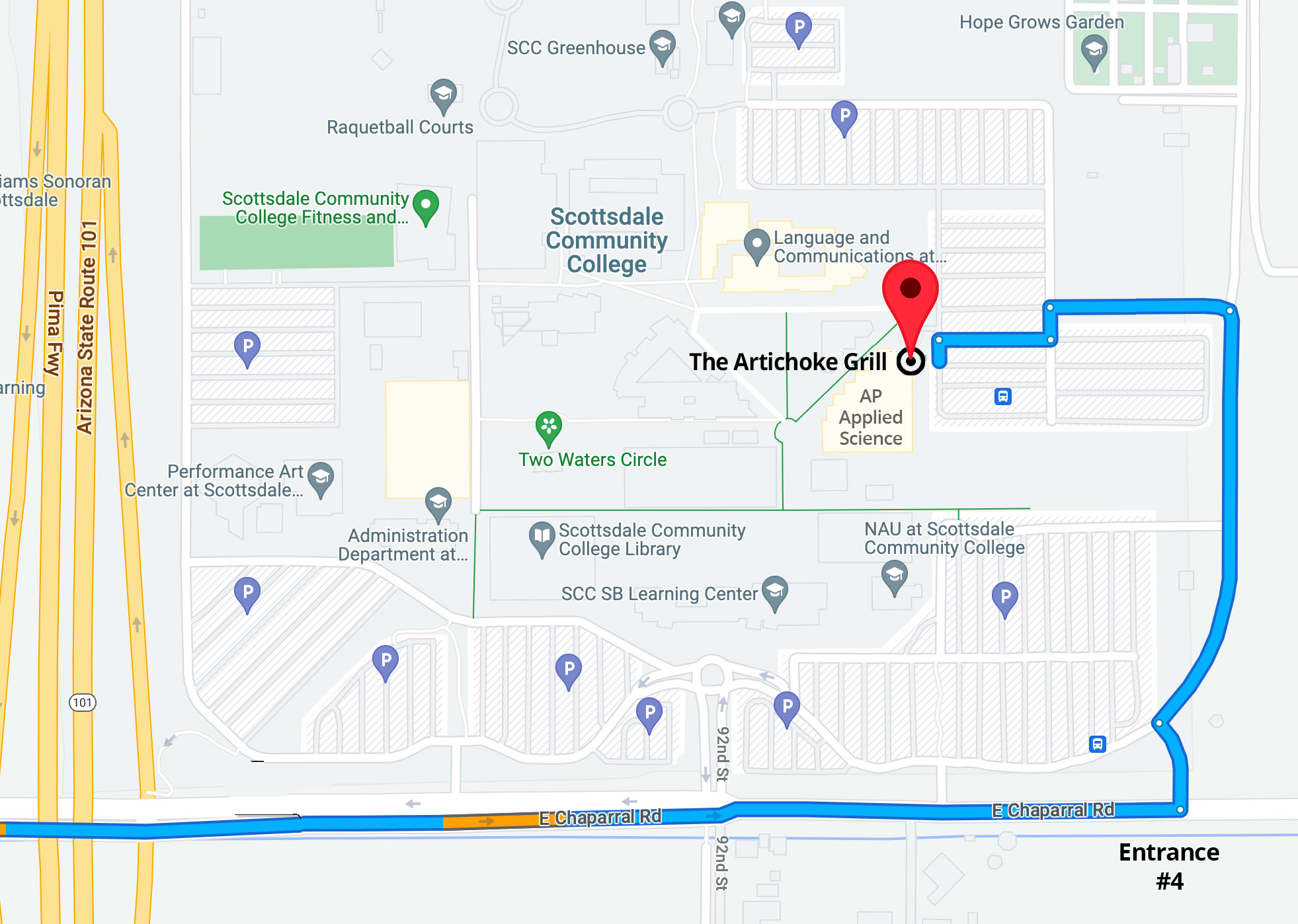 Directions: From the 101 exit on Chaparral. Driving east on Chaparral, turn left in Entrance #4 and follow the road to the right.  The Culinary Arts Dining rooms are in the Applied Sciences Building on the east side of campus by the bus stop. Parking Lot H is closest.