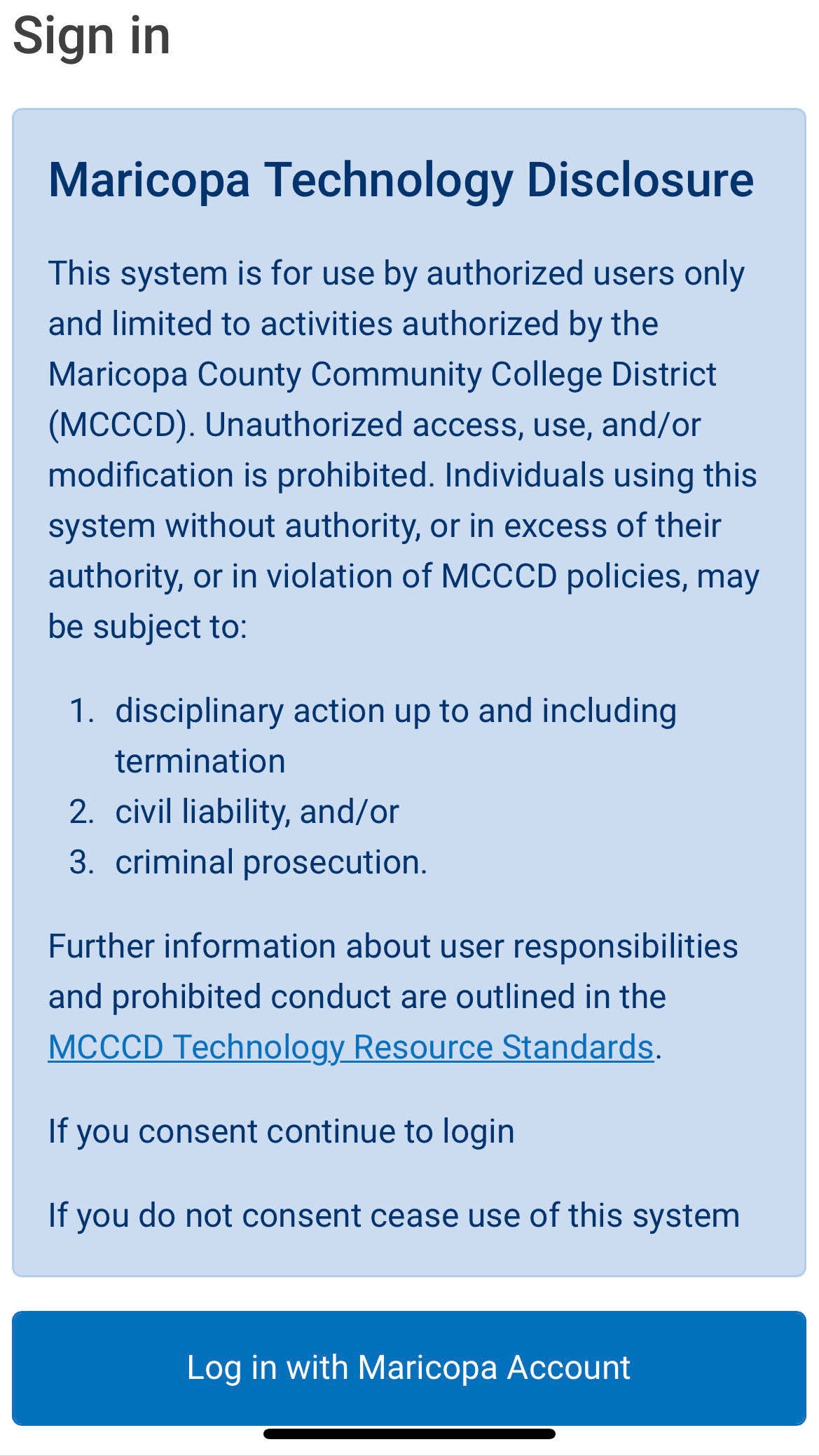 screenshot of mobile Maricopa Technology Disclosure