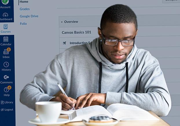 student studying with a background of the Canvas LMS